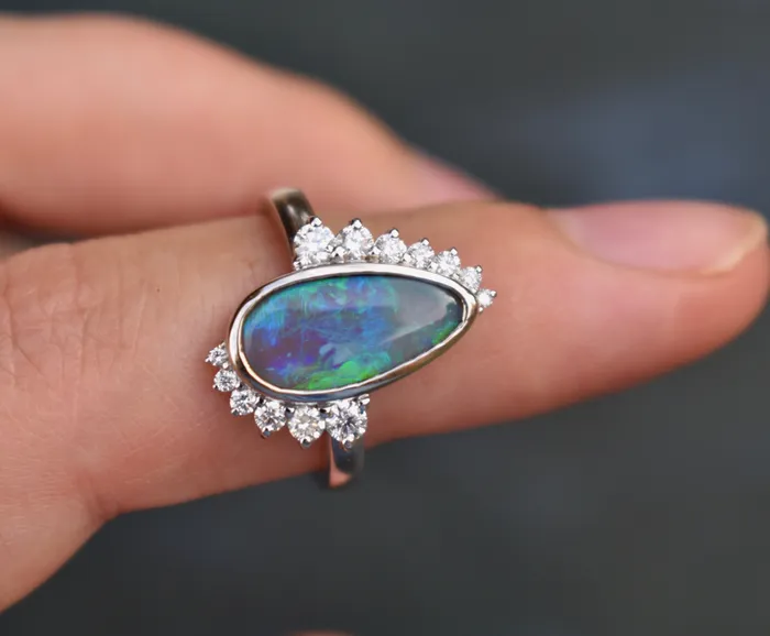 AlbrechtJewellery Rings Opal and Diamond Ring 14K Gold Opal Ring with Diamond Halo Opal Engagement Ring