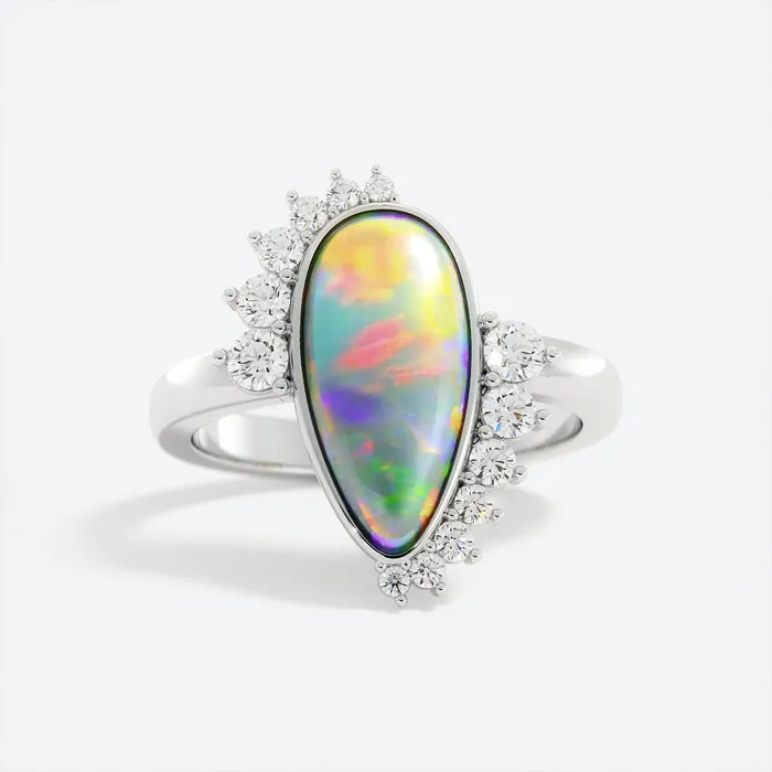 AlbrechtJewellery Rings Opal and Diamond Ring 14K Gold Opal Ring with Diamond Halo Opal Engagement Ring