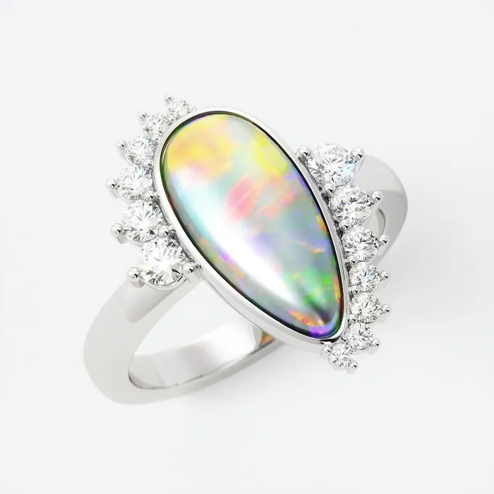 AlbrechtJewellery Rings Opal and Diamond Ring 14K Gold Opal Ring with Diamond Halo Opal Engagement Ring