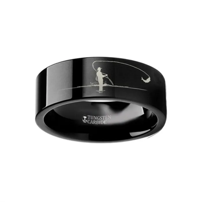 Hunting Landscape Scene Fly Fishing Fishermen Fish Ring Engraved Flat Black Tungsten Ring Thorsten Rings Hunting Landscape Scene Fly Fishing Fishermen Fish Ring Engraved Flat Black Tungsten Ring Thorsten Rings