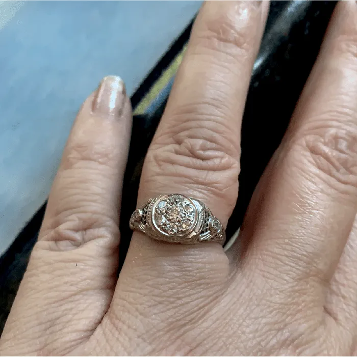 Love Vintage Paris Diamond Flower Ring Filigree 18k White Gold Art Deco Rings