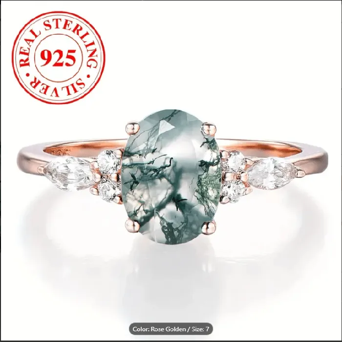 Moss Agate Ring Solitaire Rose Gold Plated Sterling Silver The Pink Pigs Rings Moss Agate Ring Solitaire Rose Gold Plated Sterling Silver The Pink Pigs Rings