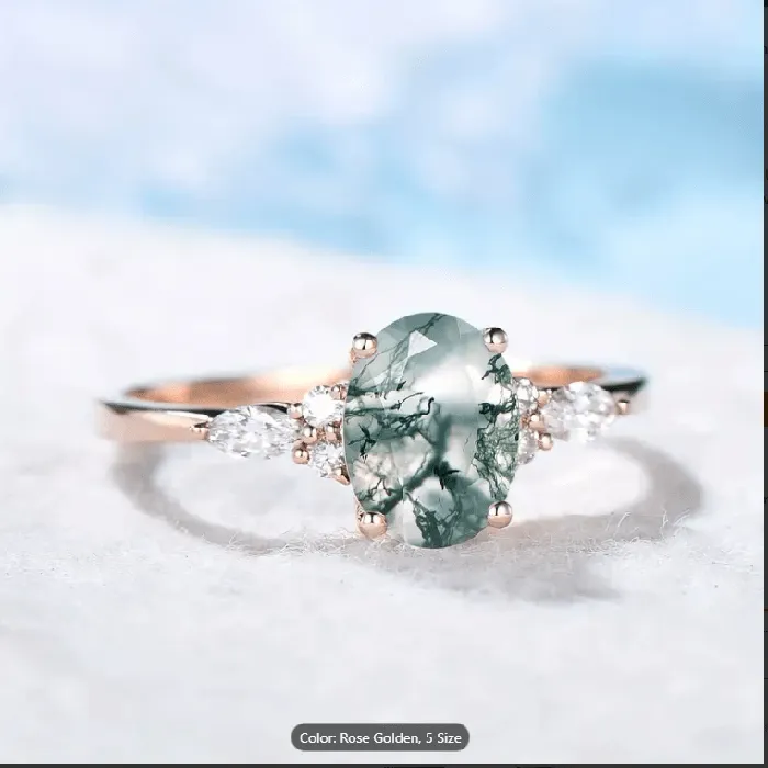 Moss Agate Ring Solitaire Rose Gold Plated Sterling Silver The Pink Pigs Rings
