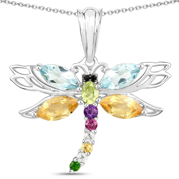 Necklaces Quintessence Dragonfly NecklaceMulti Colored Genuine Gemstone 288ctw in Sterling Silver