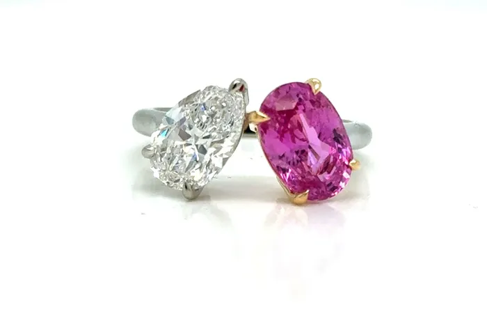 Ring 18Kt Gold GIA Pear Diamond and Oval Pink Sapphire Albert Hern Rings Ring 18Kt Gold GIA Pear Diamond and Oval Pink Sapphire Albert Hern Rings
