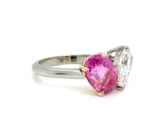 Ring 18Kt Gold GIA Pear Diamond and Oval Pink Sapphire Albert Hern Rings