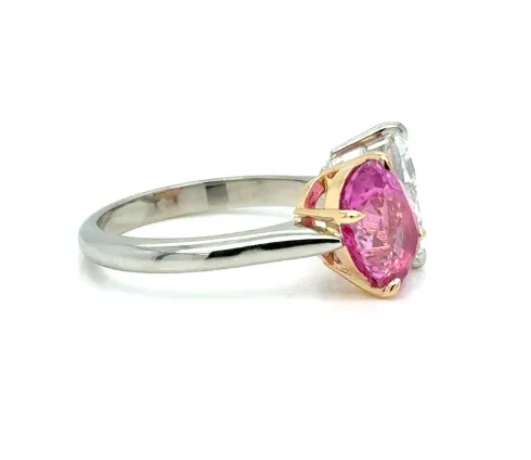 Ring 18Kt Gold GIA Pear Diamond and Oval Pink Sapphire Albert Hern Rings