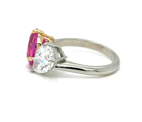 Ring 18Kt Gold GIA Pear Diamond and Oval Pink Sapphire Albert Hern Rings
