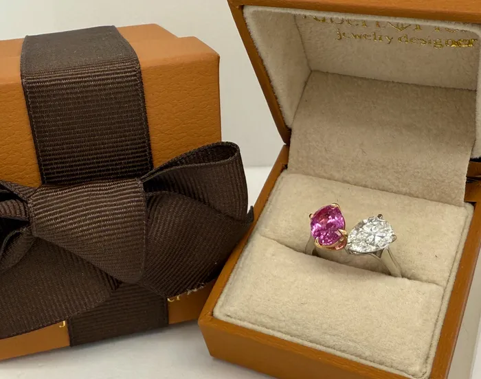 Ring 18Kt Gold GIA Pear Diamond and Oval Pink Sapphire Albert Hern Rings