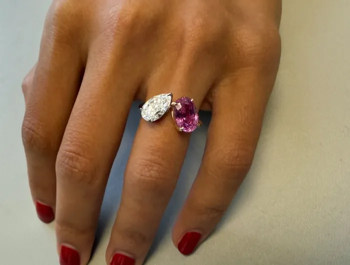 Ring 18Kt Gold GIA Pear Diamond and Oval Pink Sapphire Albert Hern Rings