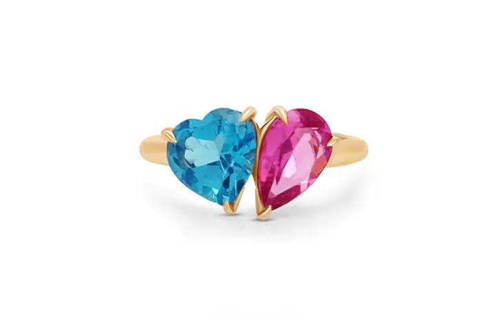 Ring 18Kt Gold Pear Tourmaline and Heart Shape Blue Topaz Albert Hern Rings