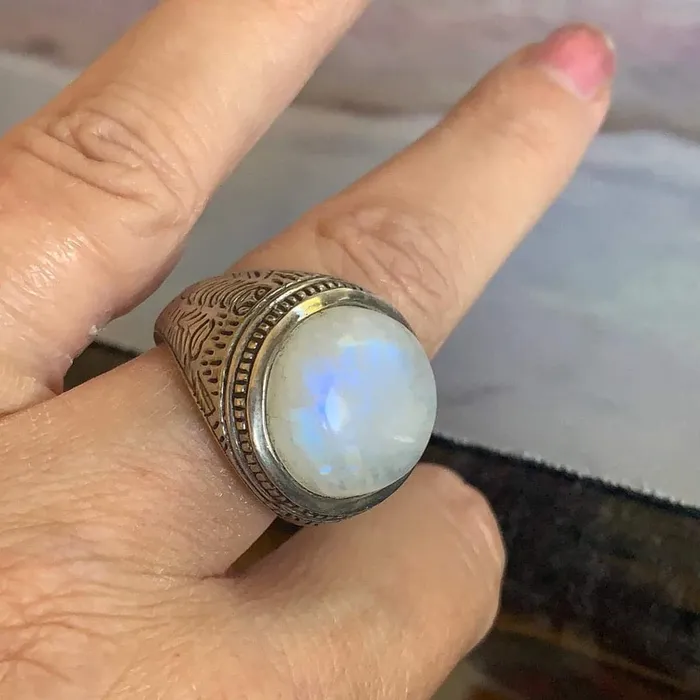 Rings Love Vintage Paris Moonstone Ring Engraved Sides Sterling Silver Vintage