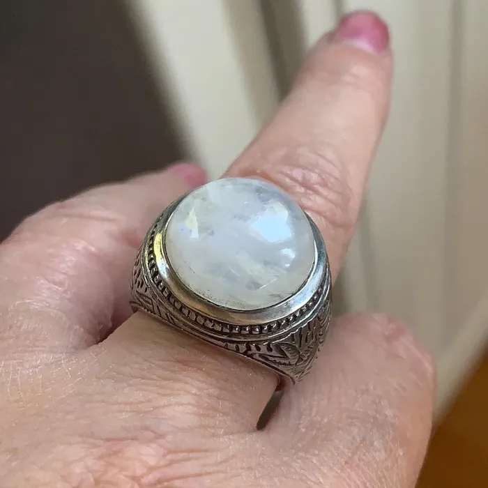 Rings Love Vintage Paris Moonstone Ring Engraved Sides Sterling Silver Vintage