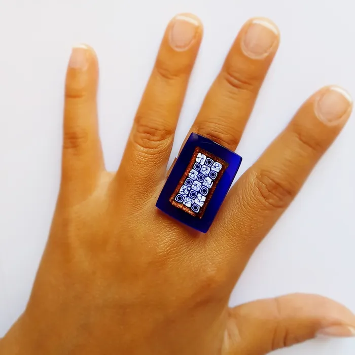Vianello Nadia Murrine di Trebbi Davide Rings Blue Rectangular Murano glass Ring Scacchiera set in 925 silver