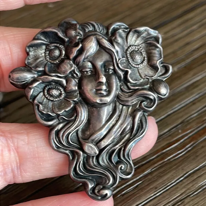 Vintage Paris Jewelry Rings Nouveau Goddess Brooch Sterling Silver Front Vintage