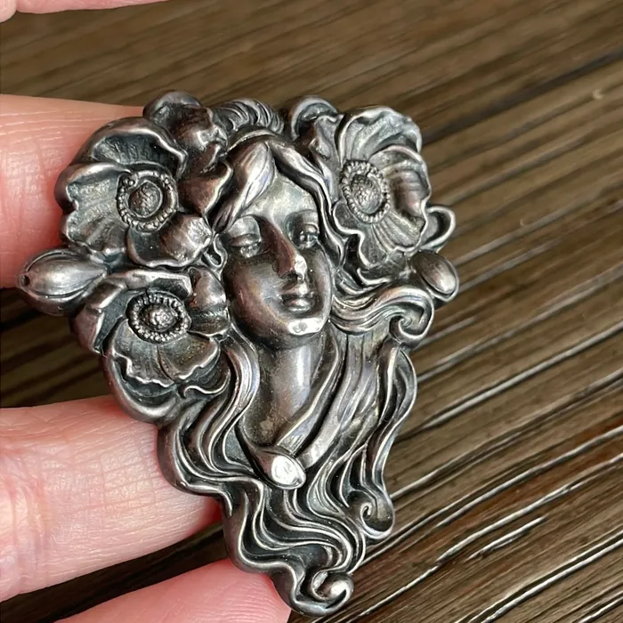 Vintage Paris Jewelry Rings Nouveau Goddess Brooch Sterling Silver Front Vintage