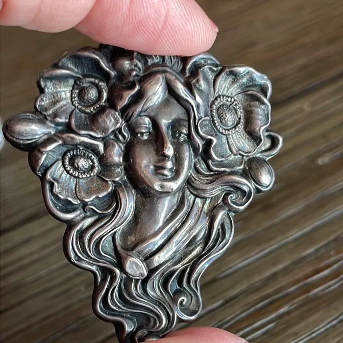 Vintage Paris Jewelry Rings Nouveau Goddess Brooch Sterling Silver Front Vintage