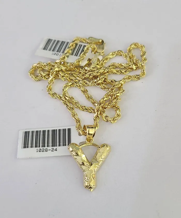 10k Gold Initial Y Charm Rope Chain 1626 25mm SET Necklace Alphabet Pendant Gold and Diamond Necklaces