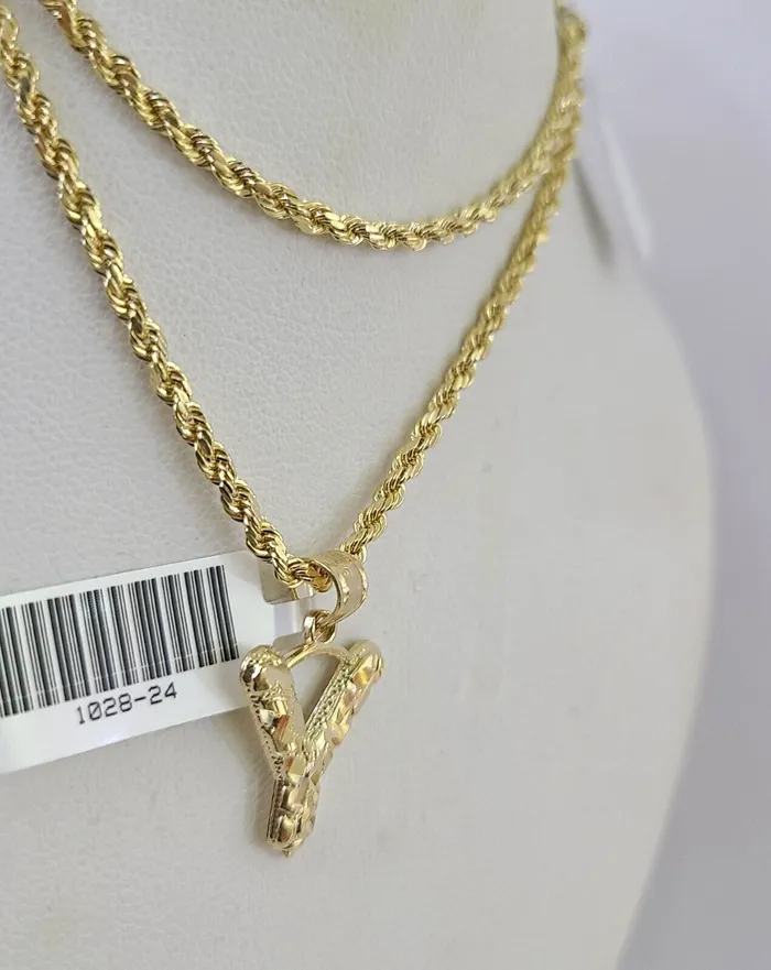 10k Gold Initial Y Charm Rope Chain 1626 25mm SET Necklace Alphabet Pendant Gold and Diamond Necklaces