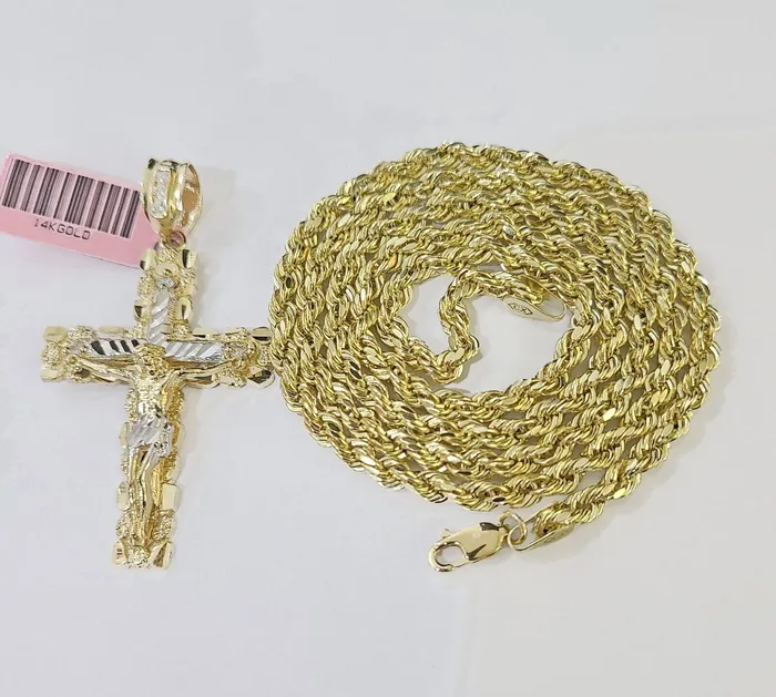 14k Yellow Gold Rope Chain Jesus Nugget Cross Charm SET 3mm 22 Inches Necklace Globalwatches10 Necklaces