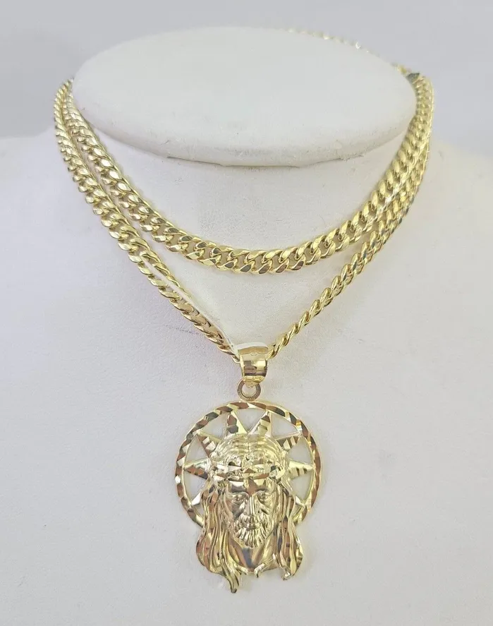 Gold and Diamond 10k Jesus Head Charm Miami Cuban Chain Pendant Set 5mm Necklace Yellow Gold Necklaces