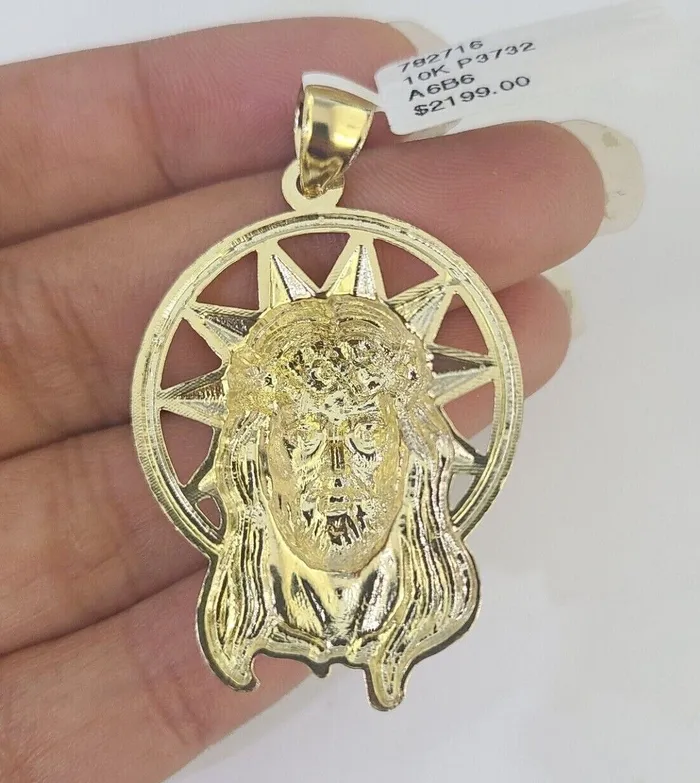 Gold and Diamond 10k Jesus Head Charm Miami Cuban Chain Pendant Set 5mm Necklace Yellow Gold Necklaces