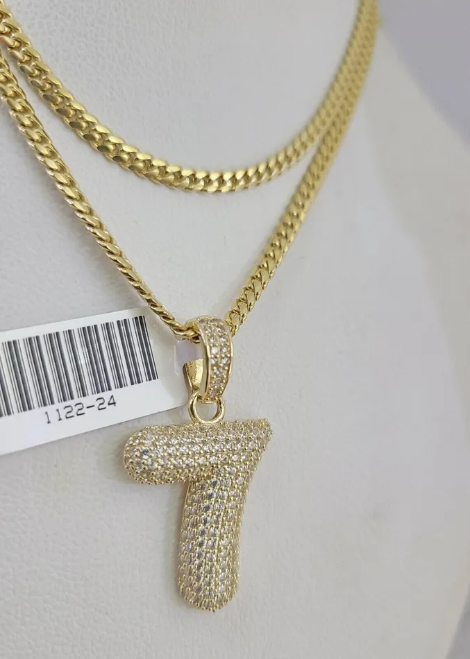 Gold and Diamond Charm Necklaces 10K Solid Gold Miami Cuban Chain 25mm Number 7 Seven Charm SET 1824 Pendant
