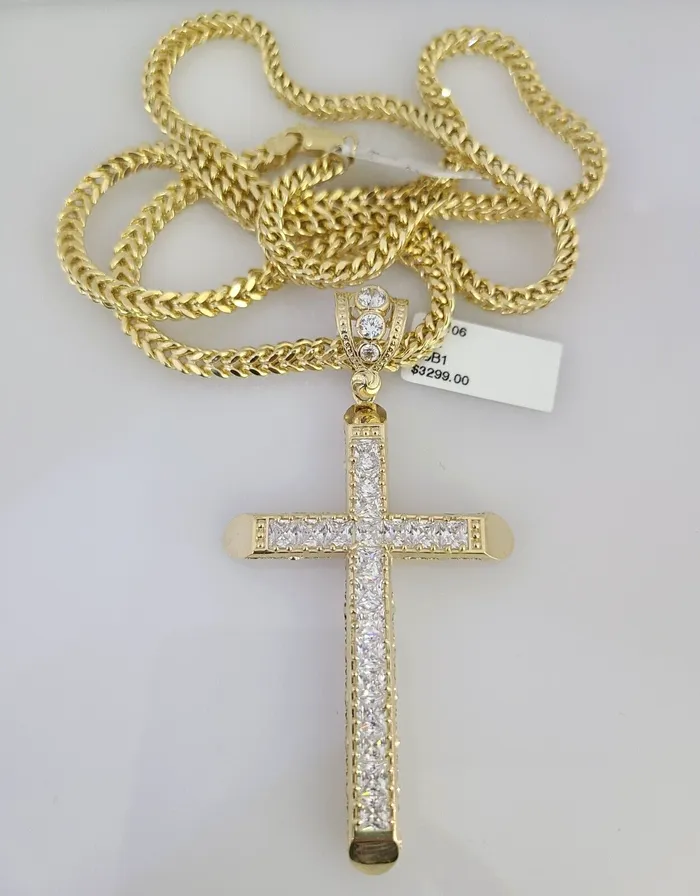 Gold and Diamond Necklaces 10K Franco Chain Jesus Cross Pendant Charm 2028 4mm Gold SET Necklace
