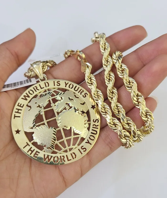 Gold and Diamond Real 10k Rope Chain World is Yours Charm Set 7mm 2028 Inch Necklace Gold Necklaces