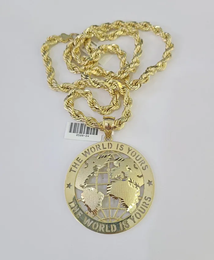 Gold and Diamond Real 10k Rope Chain World is Yours Charm Set 7mm 2028 Inch Necklace Gold Necklaces