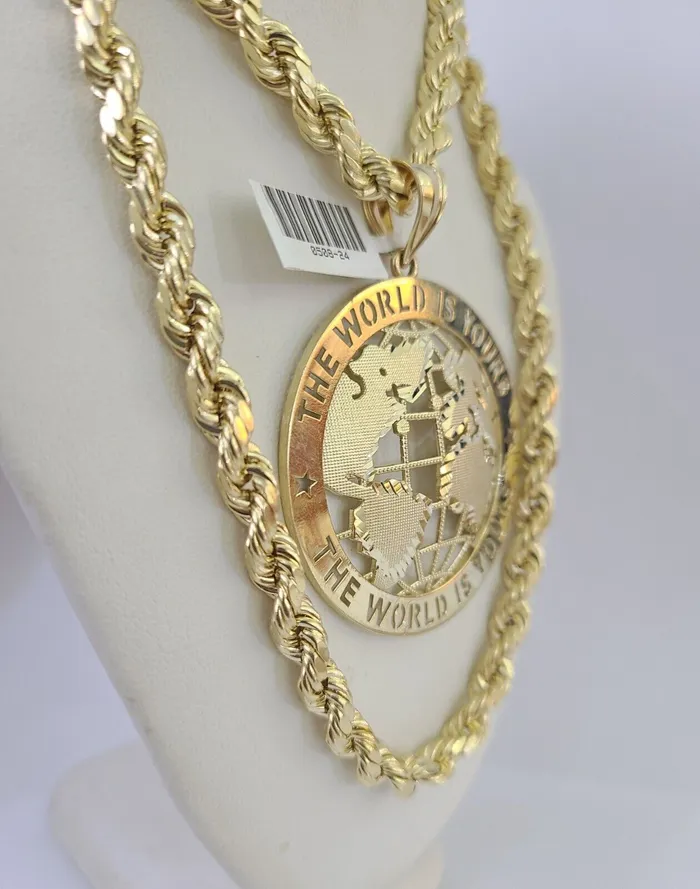 Gold and Diamond Real 10k Rope Chain World is Yours Charm Set 7mm 2028 Inch Necklace Gold Necklaces