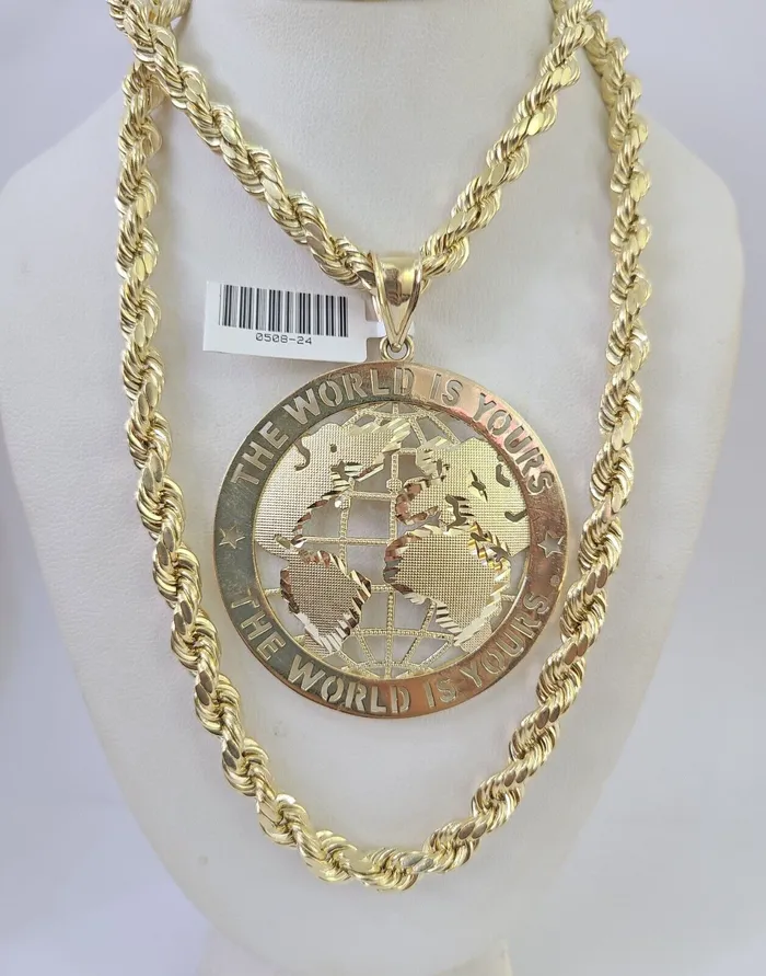 Gold and Diamond Real 10k Rope Chain World is Yours Charm Set 7mm 2028 Inch Necklace Gold Necklaces
