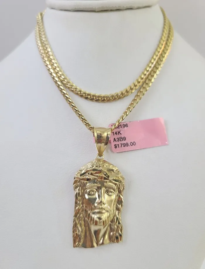 Gold and Diamond Real 14k Solid Chain Jesus Head Charm Set Miami Cuban 3mm Necklace Pendant Necklaces