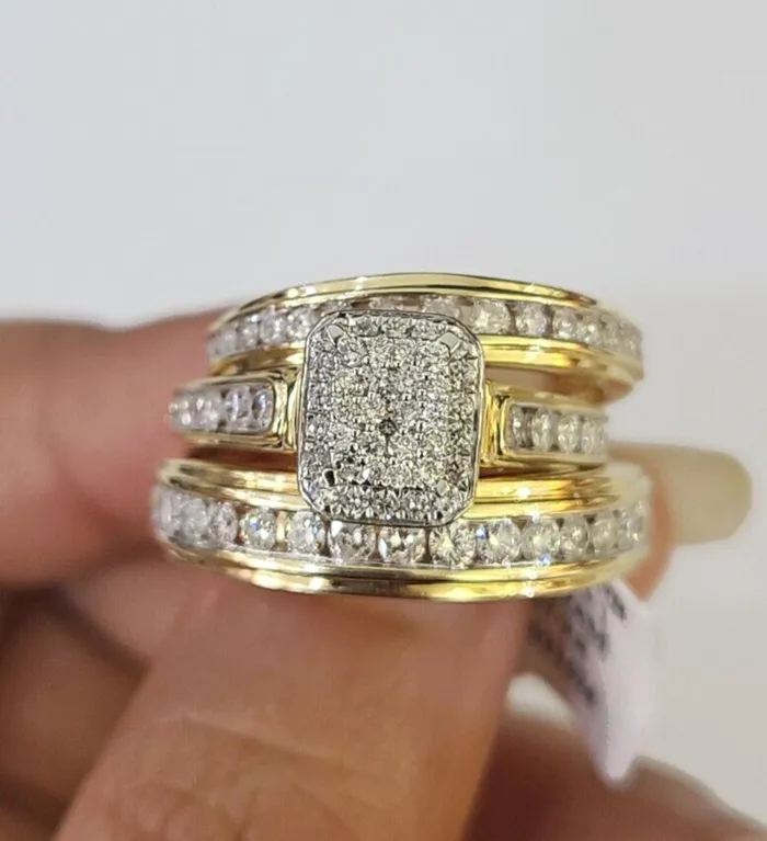 Gold and Diamond Rings REAL 14k Diamond Ring Yellow Gold Ladies Men Trio SET Wedding Engagement Genuine