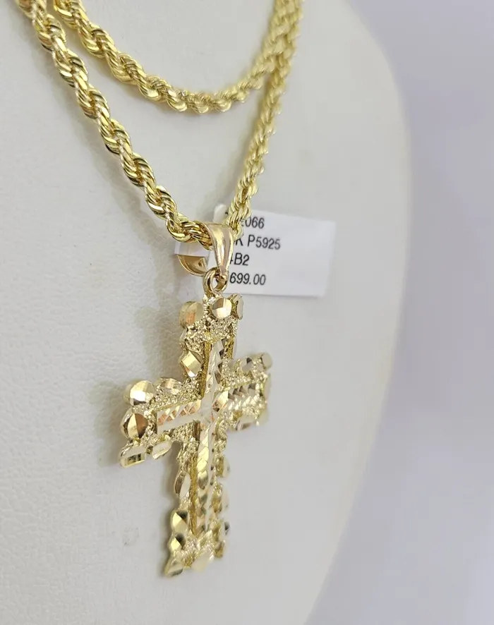 Necklaces 10k Solid Rope Chain 3mm Jesus Cross Necklace Pendant Charm SET 1826 in Gold and Diamond
