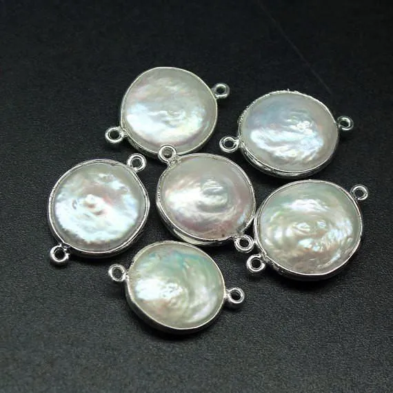 Necklaces Beads Supplies USA Natural Freshwater Pearl Smooth Round Sterling Silver Bezel Connector 6pc 20mm
