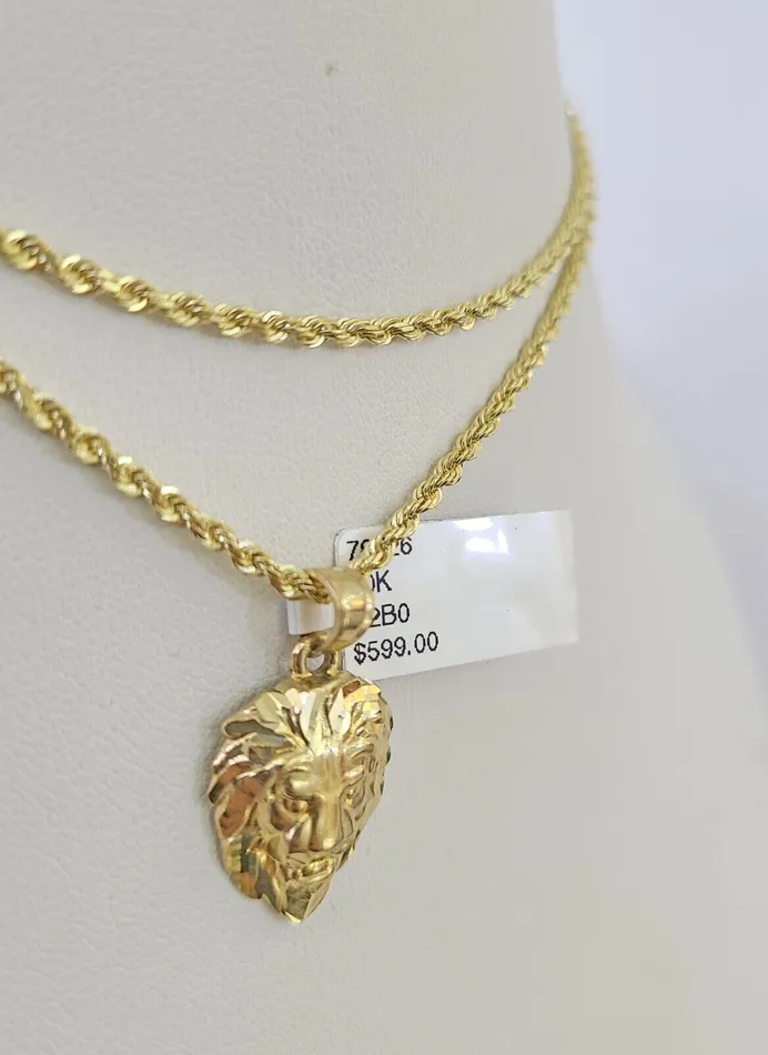 Necklaces Gold and Diamond 10k Solid Rope Chain 2mm Lion Pendant Charm Necklace SET 1822 Ladies Yellow