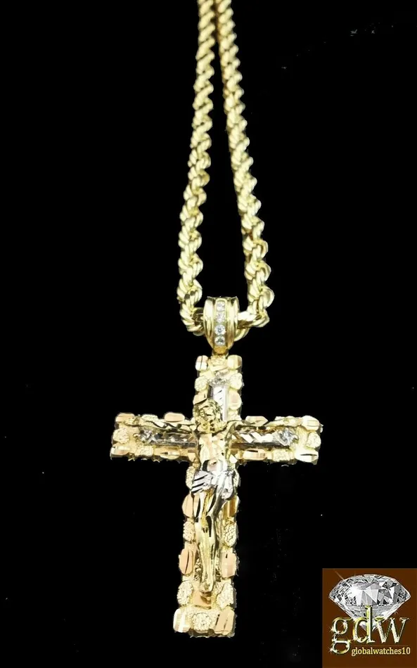 Real 10k Gold 26 Rope Chain Cross Pendant 10kt Yellow Gold Necklace Jesus Charm Gold and Diamond Necklaces